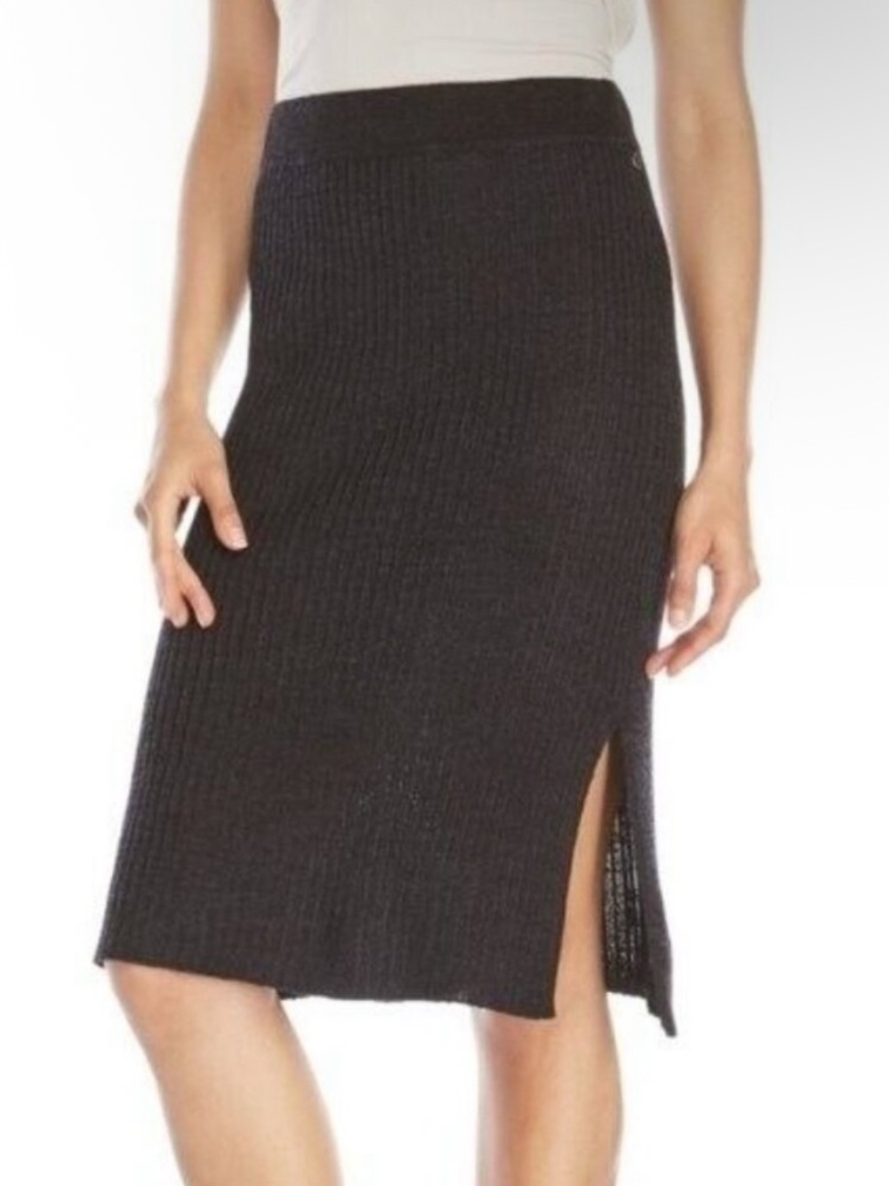 Scotch & Soda Knit Midi Pencil Skirt Side Slit Size 4 Black Linen Blend Pull On